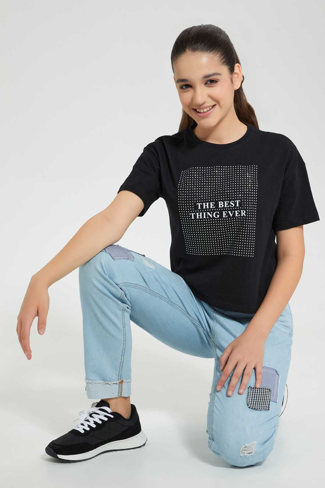 Redtag-Black-Rhinestone-Boxy-Top-Embellished-T-Shirts-Senior-Girls-9 to 14 Years