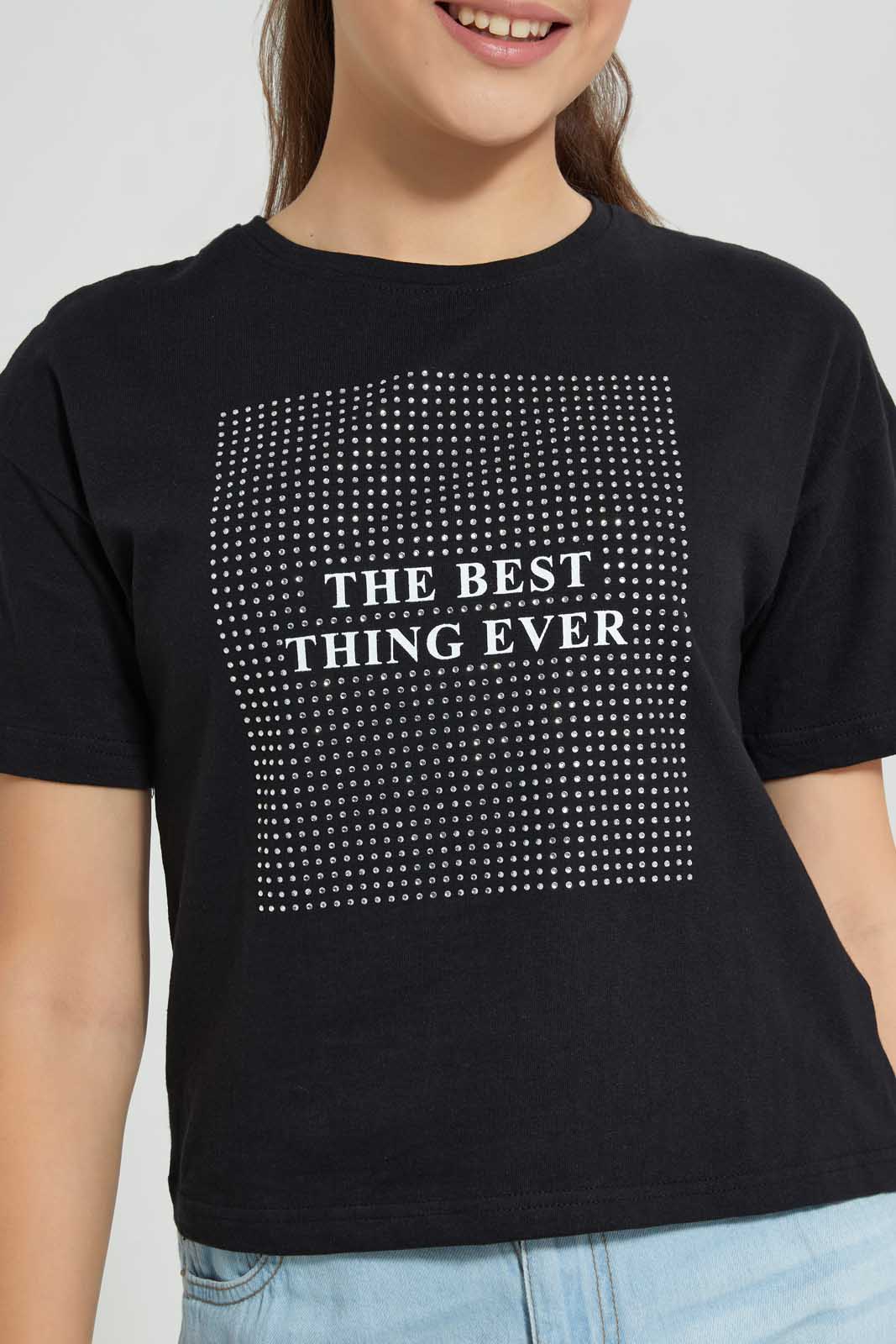 Redtag-Black-Rhinestone-Boxy-Top-Embellished-T-Shirts-Senior-Girls-9 to 14 Years