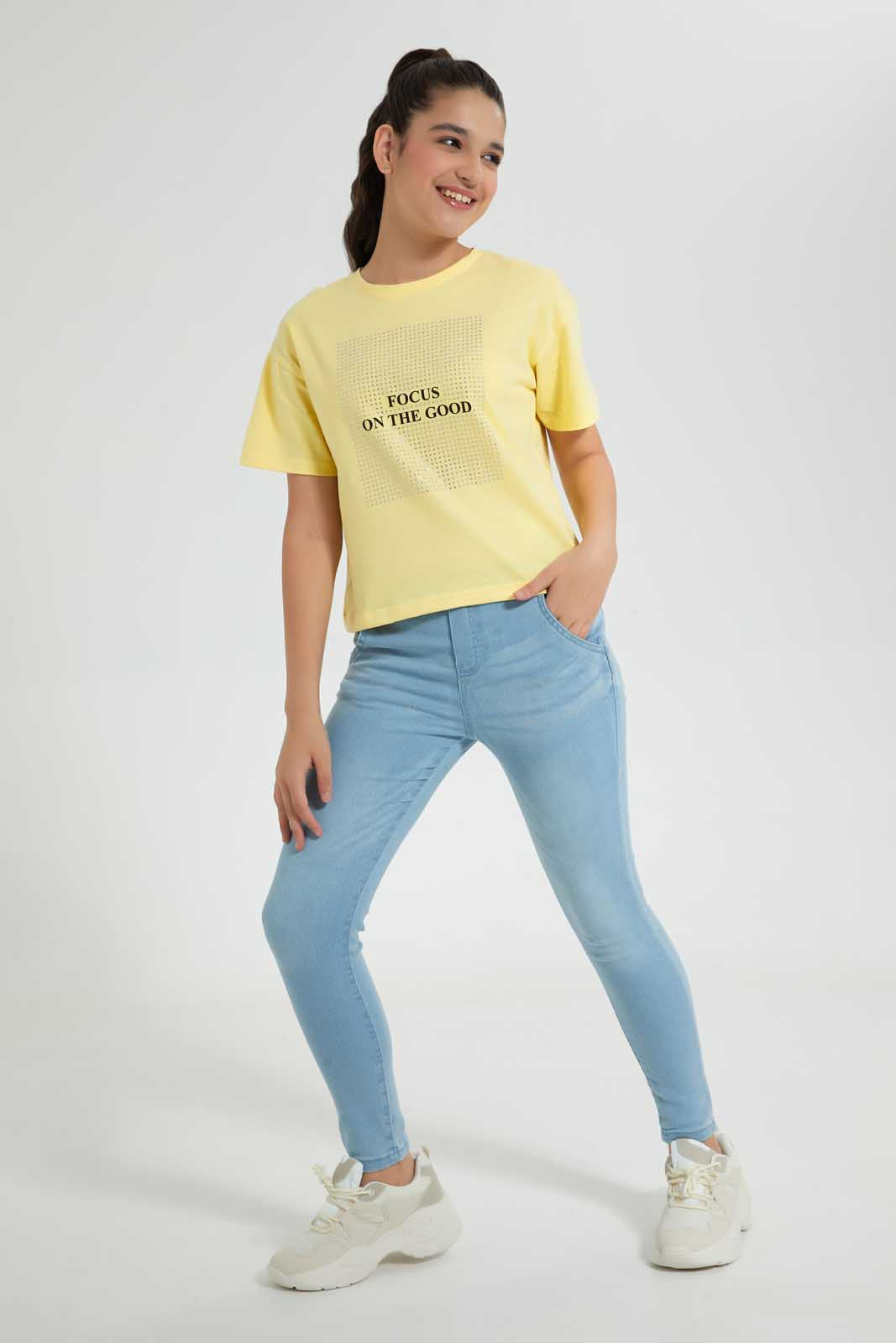 Redtag-Yellow-Rhinestone-Boxy-Top-Embellished-T-Shirts-Senior-Girls-9 to 14 Years
