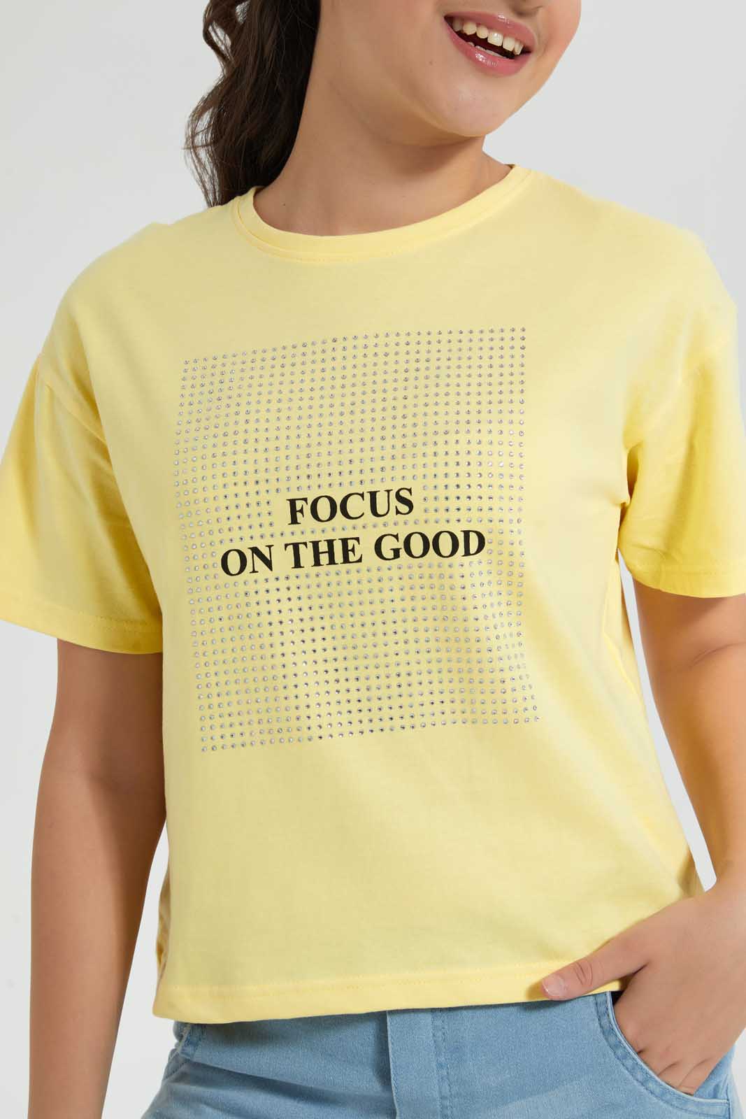 Redtag-Yellow-Rhinestone-Boxy-Top-Embellished-T-Shirts-Senior-Girls-9 to 14 Years