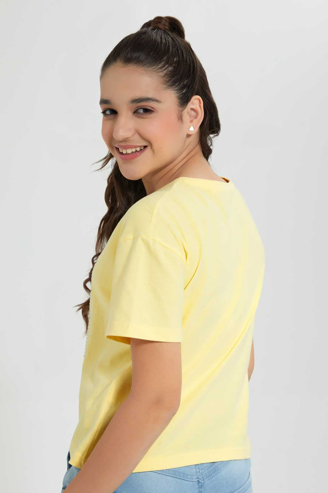 Redtag-Yellow-Rhinestone-Boxy-Top-Embellished-T-Shirts-Senior-Girls-9 to 14 Years