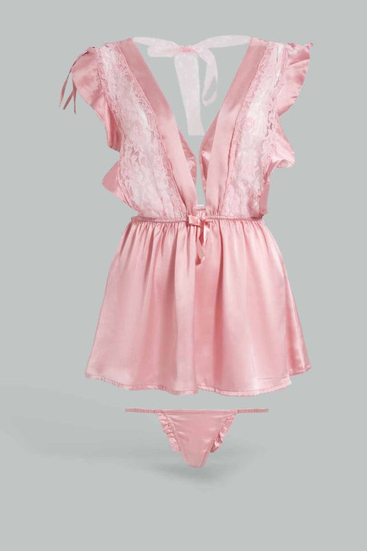 Redtag-Blush-Plain-Babydoll-With-Thong-Category:Babydolls,-Colour:Pink,-Deals:New-In,-Filter:Women's-Clothing,-New-In-Women-APL,-Non-Sale,-S22D,-Section:Women,-Women-Babydolls--