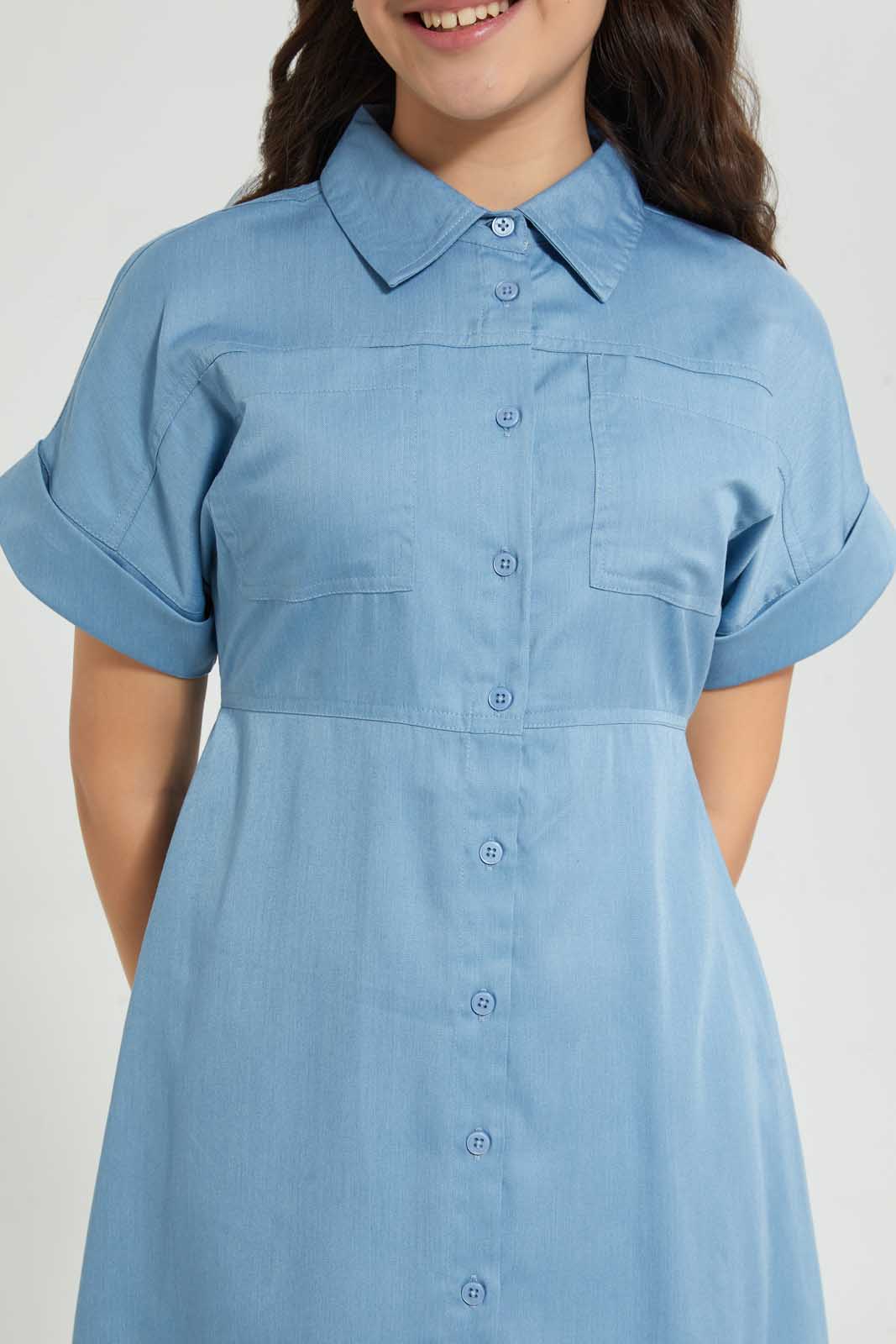 Redtag-Blue-Denim-Shirt-Dress-Dresses-Senior-Girls-9 to 14 Years