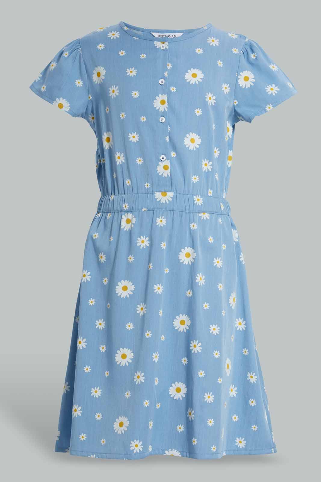 Redtag-Assorted-Blue-Floral-Front-Tie-Dress-Dresses-Senior-Girls-9 to 14 Years