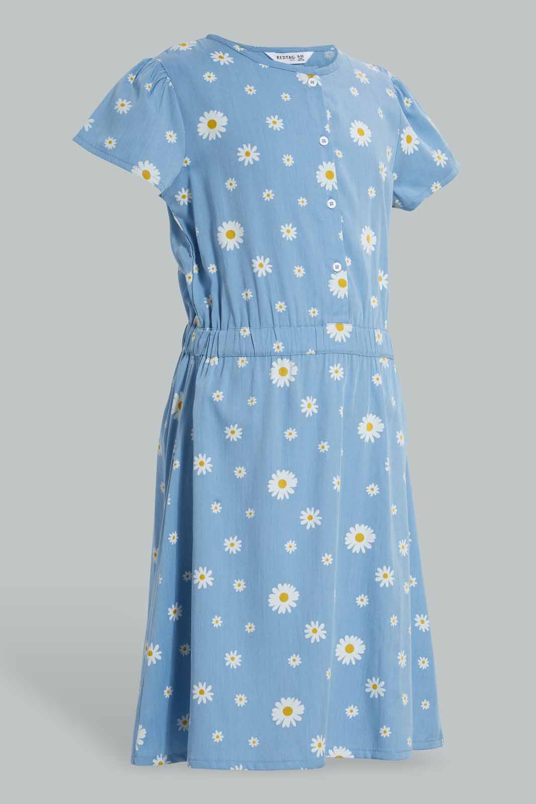 Redtag-Assorted-Blue-Floral-Front-Tie-Dress-Dresses-Senior-Girls-9 to 14 Years
