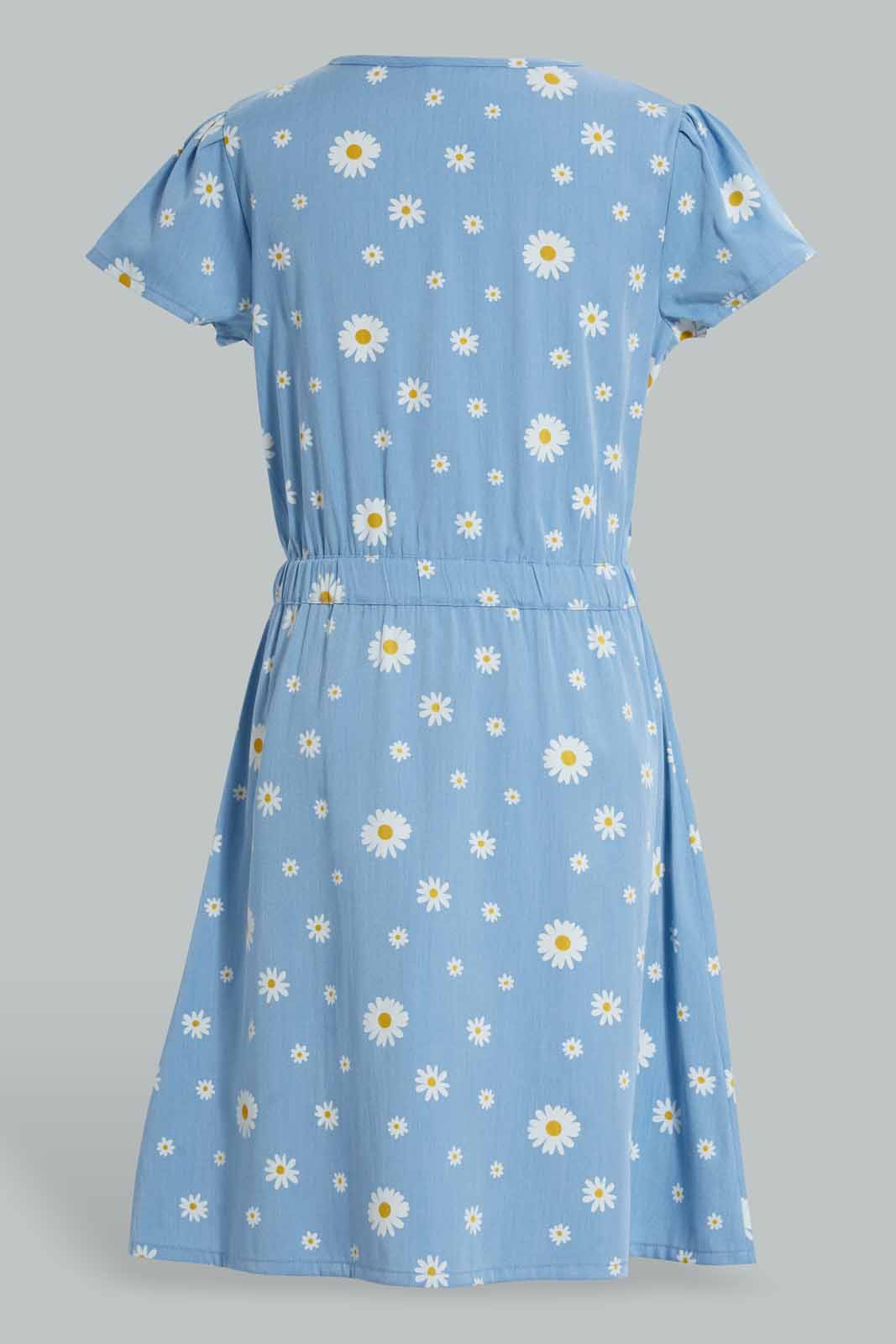 Redtag-Assorted-Blue-Floral-Front-Tie-Dress-Dresses-Senior-Girls-9 to 14 Years
