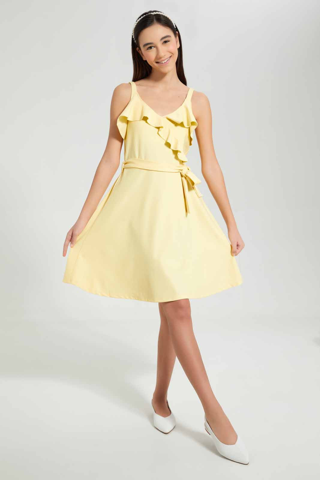 Redtag-Yellow-Ruffled-Front-Skater-Dress-Dresses-Senior-Girls-9 to 14 Years