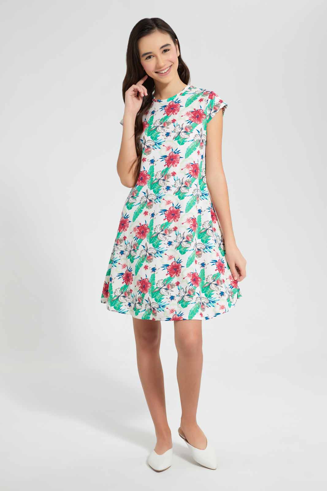 Redtag-White/Tropical-Print-Skater-Knitted-Dress-Category:Dresses,-Colour:Assorted,-Filter:Senior-Girls-(9-to-14-Yrs),-GSR-Dresses,-New-In,-New-In-GSR,-Non-Sale,-S22D,-Section:Kidswear-Senior-Girls-9 to 14 Years