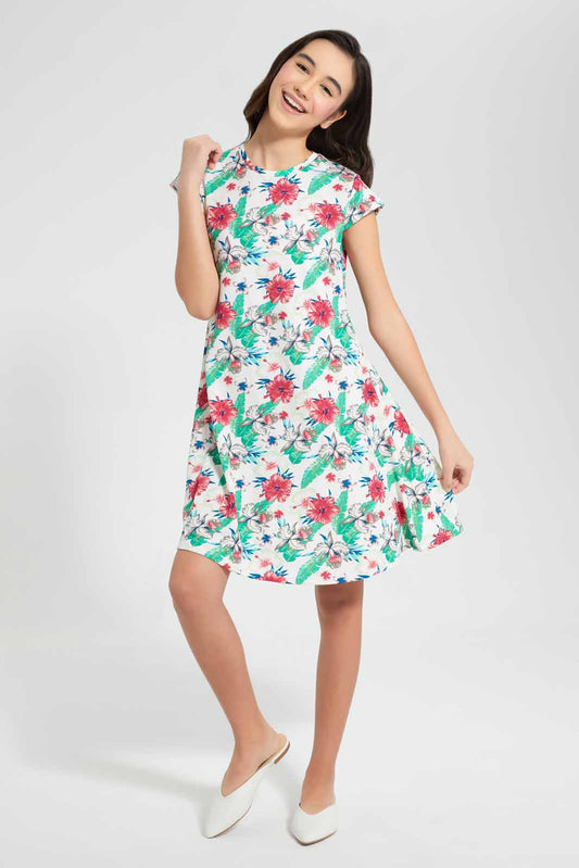 Redtag-White/Tropical-Print-Skater-Knitted-Dress-Category:Dresses,-Colour:Assorted,-Filter:Senior-Girls-(9-to-14-Yrs),-GSR-Dresses,-New-In,-New-In-GSR,-Non-Sale,-S22D,-Section:Kidswear-Senior-Girls-9 to 14 Years