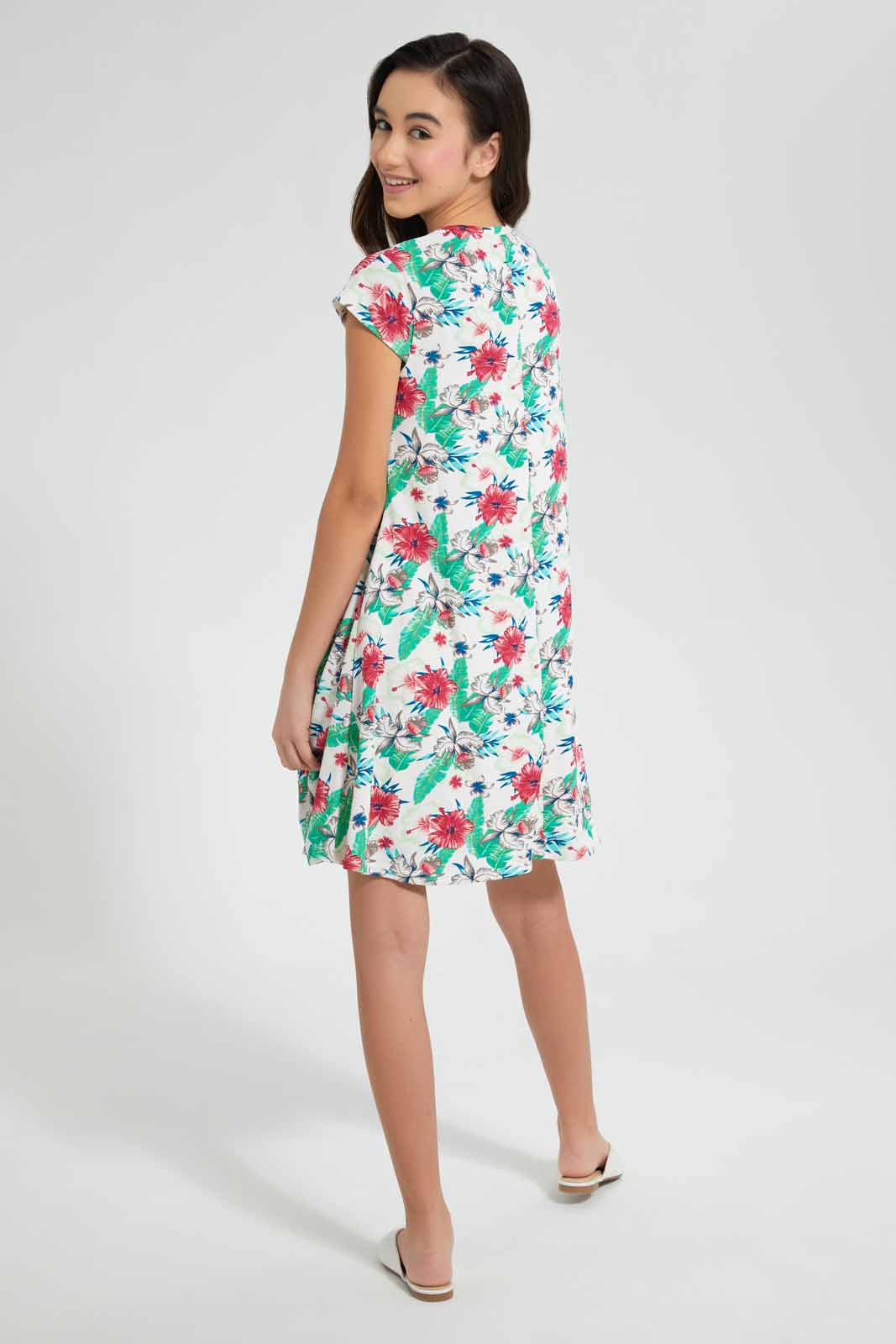 Redtag-White/Tropical-Print-Skater-Knitted-Dress-Category:Dresses,-Colour:Assorted,-Filter:Senior-Girls-(9-to-14-Yrs),-GSR-Dresses,-New-In,-New-In-GSR,-Non-Sale,-S22D,-Section:Kidswear-Senior-Girls-9 to 14 Years