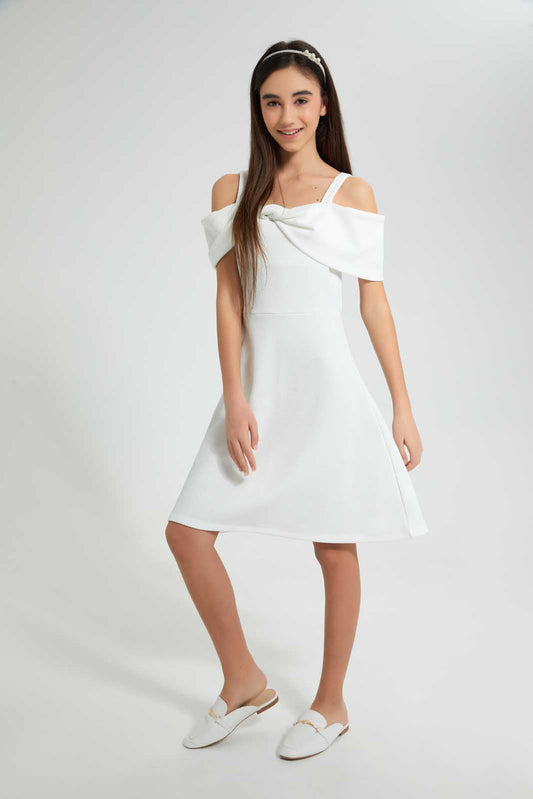 Redtag-White-Cold-Shoulder-Skater-Dress-Category:Dresses,-Colour:White,-Deals:2-For-90,-Deals:Sale,-Filter:Senior-Girls-(8-to-14-Yrs),-GSR-Dresses,-NDAY,-S22D,-Sale-GSR-APL,-Section:Girls-(0-to-14Yrs)-Senior-Girls-9 to 14 Years