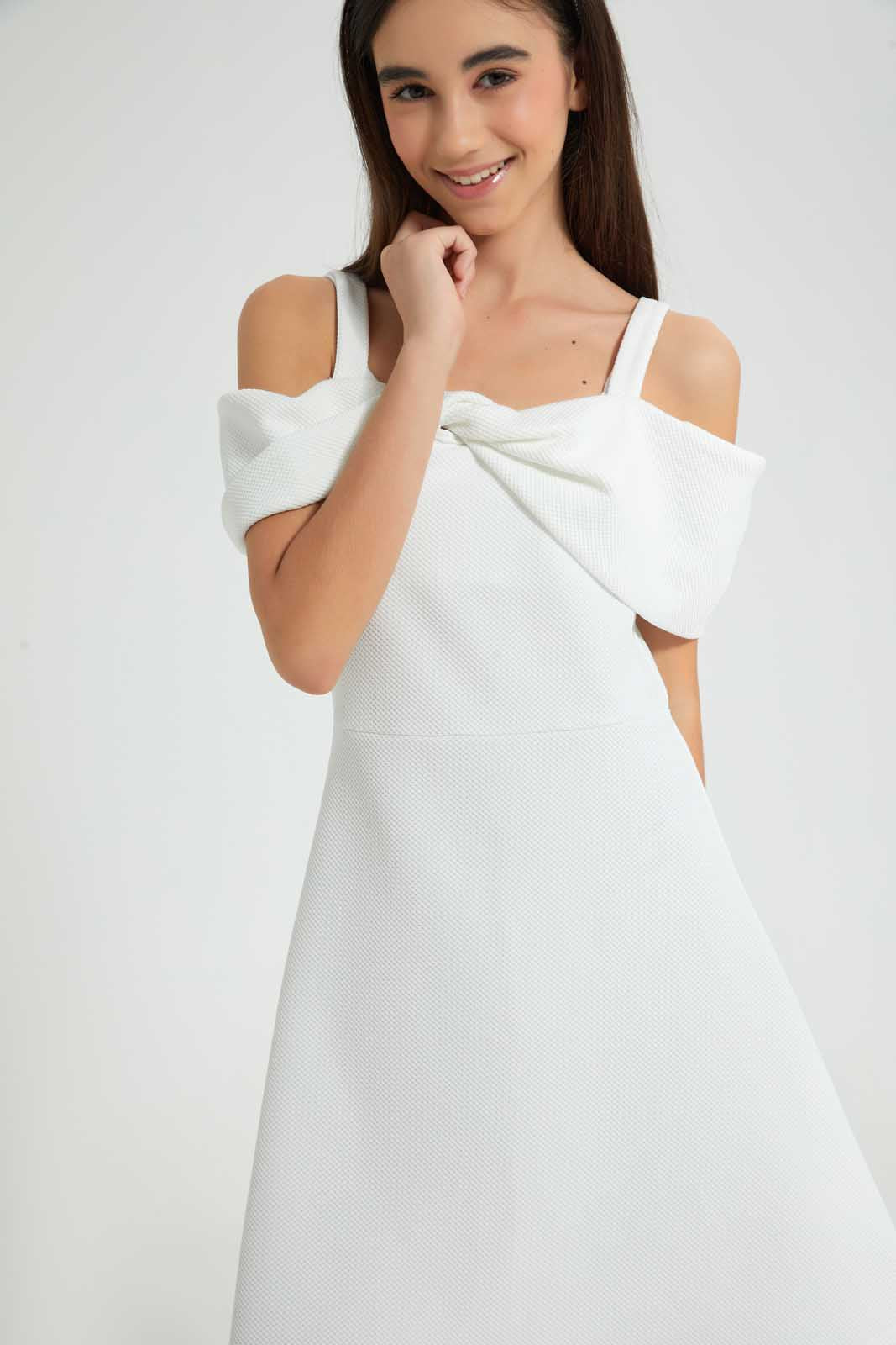 Redtag-White-Cold-Shoulder-Skater-Dress-Category:Dresses,-Colour:White,-Deals:2-For-90,-Deals:Sale,-Filter:Senior-Girls-(8-to-14-Yrs),-GSR-Dresses,-NDAY,-S22D,-Sale-GSR-APL,-Section:Girls-(0-to-14Yrs)-Senior-Girls-9 to 14 Years