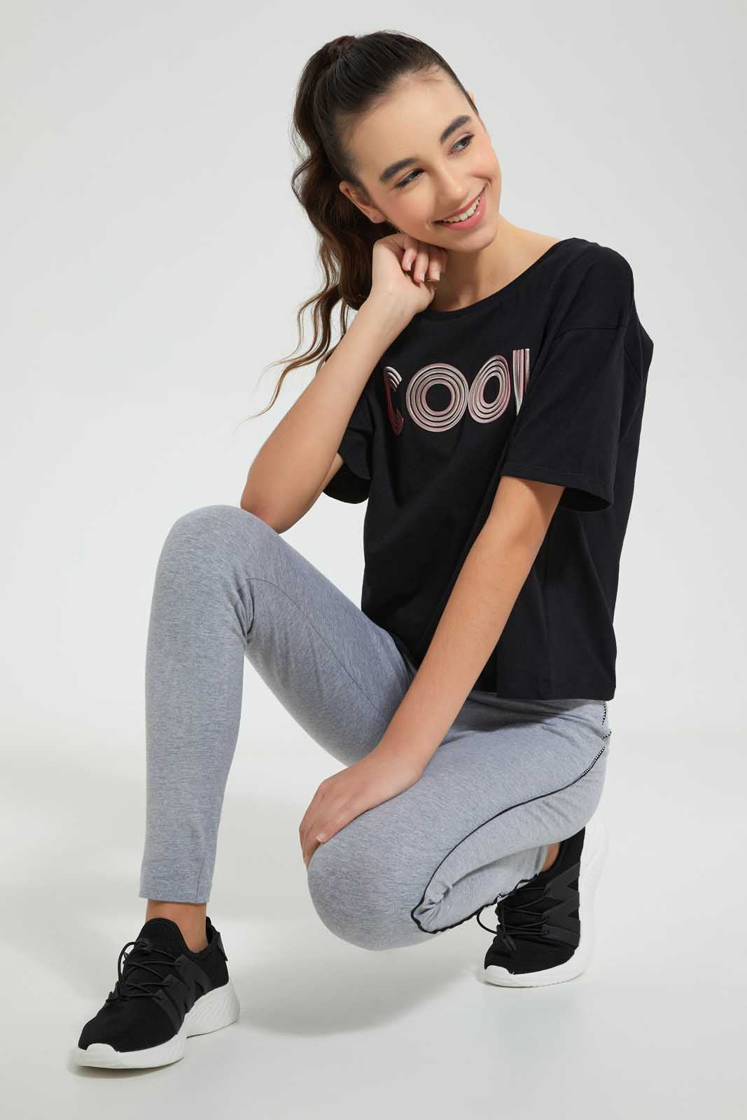 Redtag-Black-High-Density-Print-Boxy-Top-Graphic-Prints-Senior-Girls-9 to 14 Years