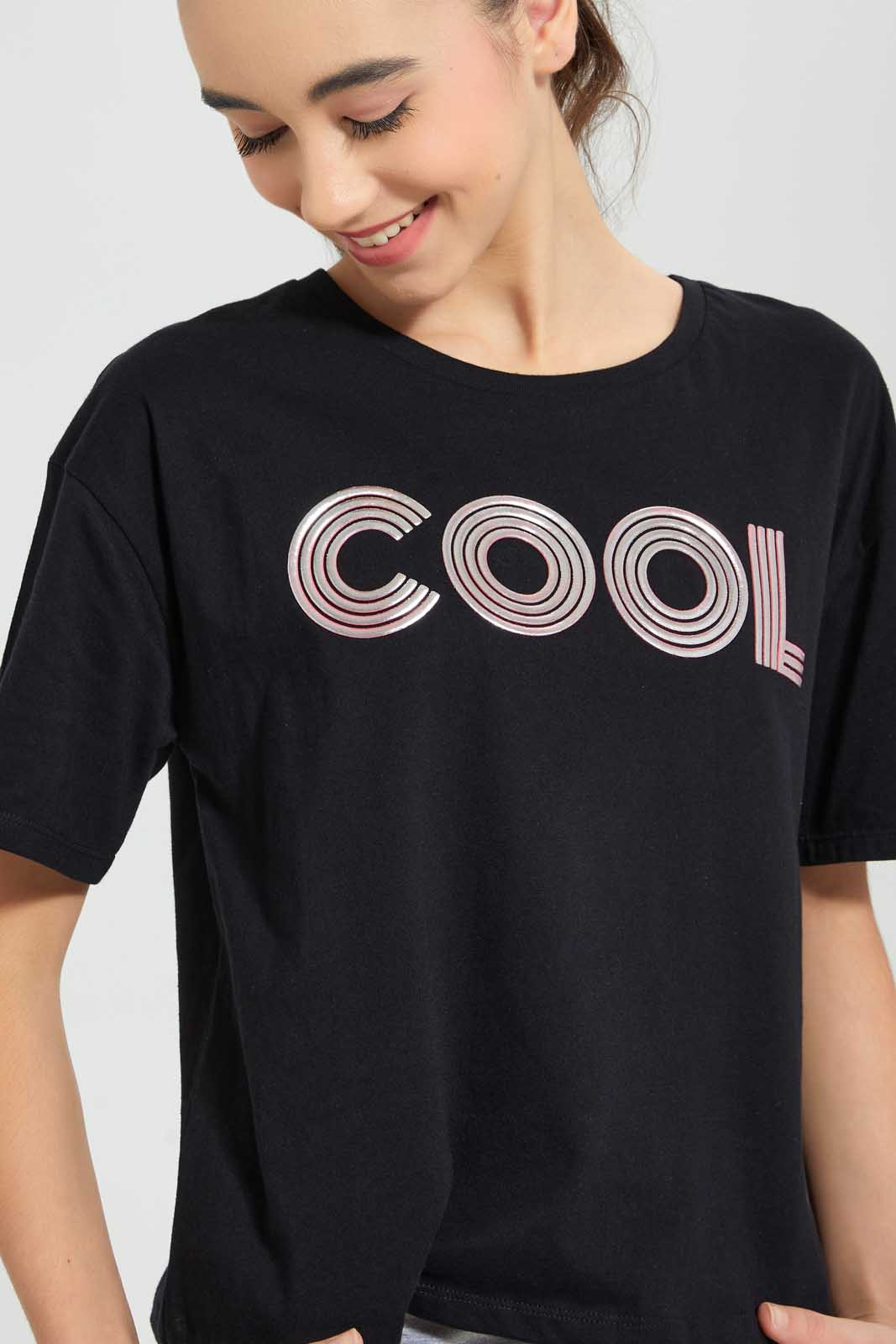 Redtag-Black-High-Density-Print-Boxy-Top-Graphic-Prints-Senior-Girls-9 to 14 Years