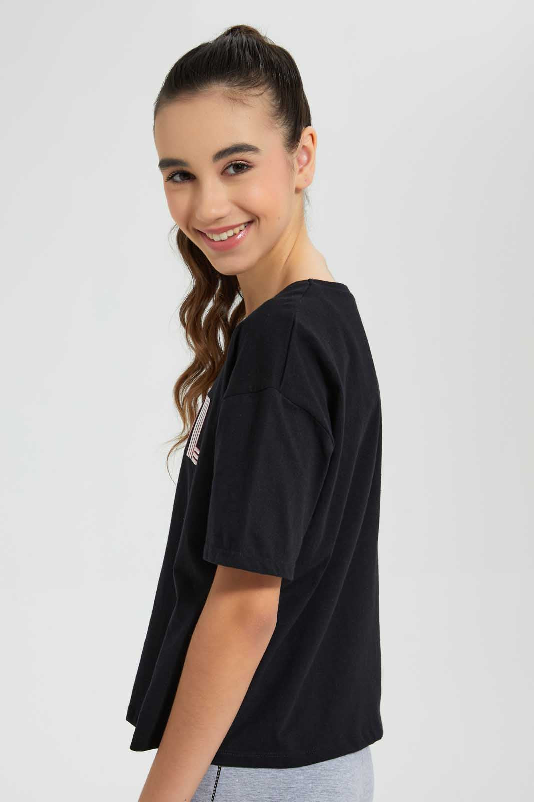 Redtag-Black-High-Density-Print-Boxy-Top-Graphic-Prints-Senior-Girls-9 to 14 Years