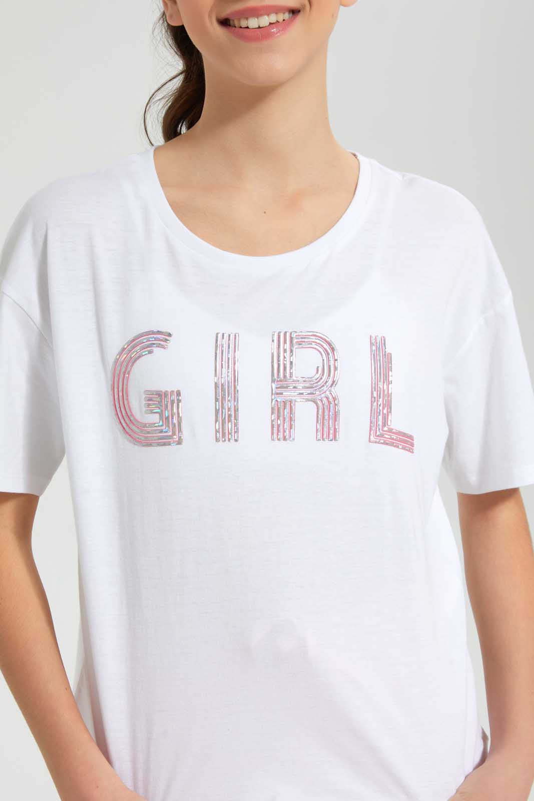 Redtag-White-High-Density-Print-Boxy-Top-Graphic-Prints-Senior-Girls-9 to 14 Years