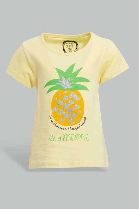 Redtag-Yellow-Pineapple-Pleacement-Print-T-Shirt-Graphic-T-Shirts-Infant-Girls-3 to 24 Months