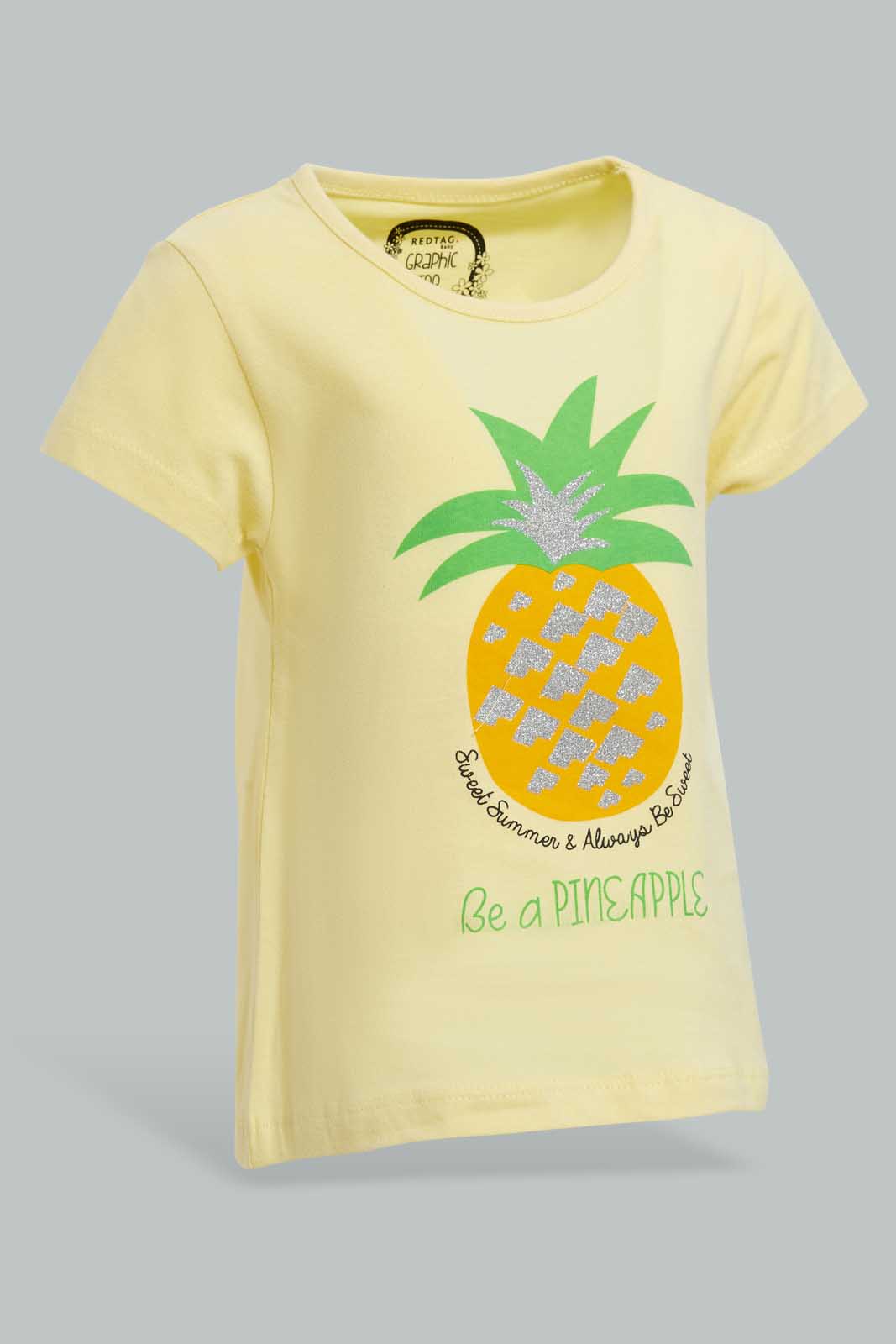 Redtag-Yellow-Pineapple-Pleacement-Print-T-Shirt-Graphic-T-Shirts-Infant-Girls-3 to 24 Months