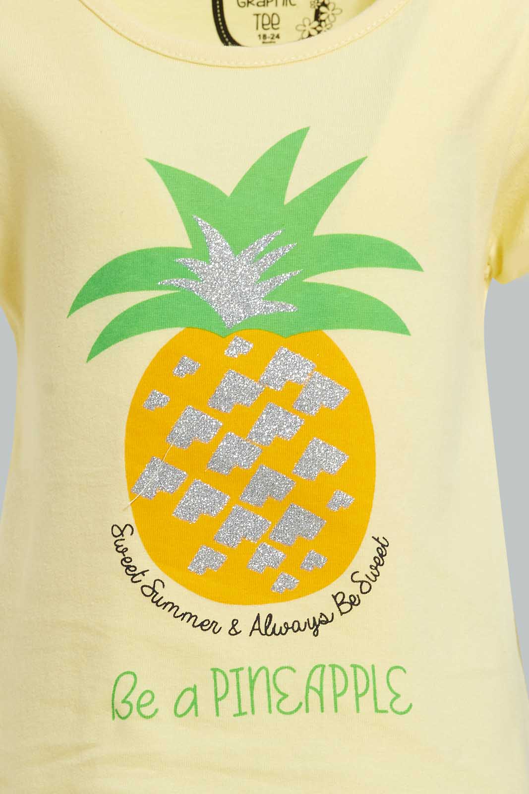 Redtag-Yellow-Pineapple-Pleacement-Print-T-Shirt-Graphic-T-Shirts-Infant-Girls-3 to 24 Months