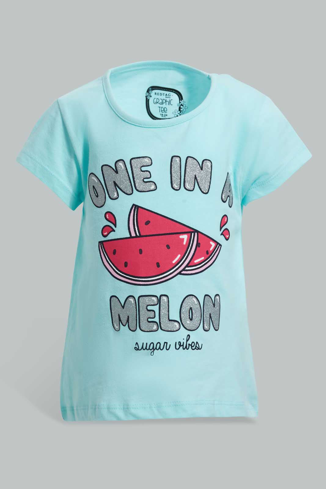 Redtag-Mint-Watermelon-Placement--Print-T-Shirt-Graphic-T-Shirts-Infant-Girls-3 to 24 Months