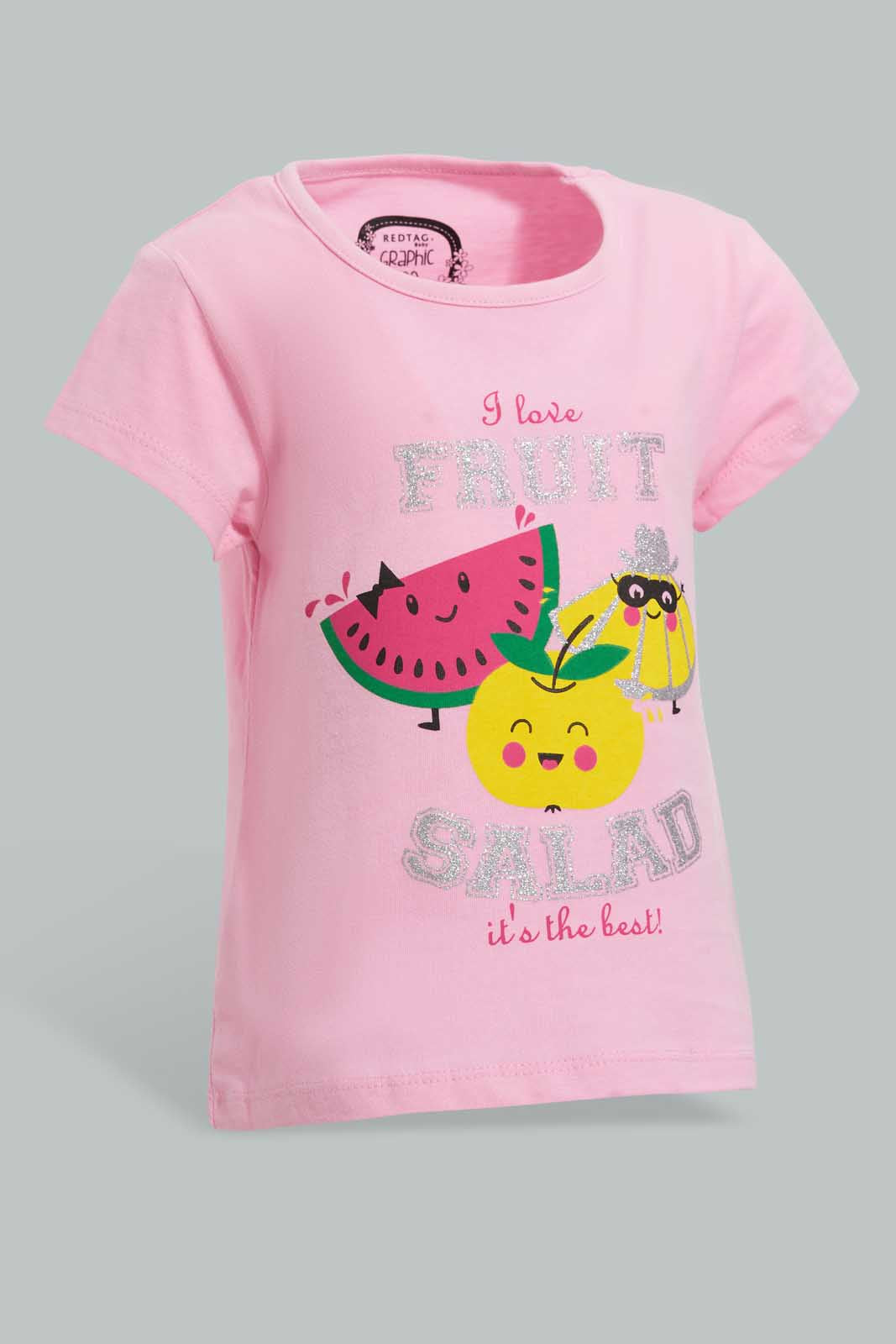 Redtag-Pink-Fruity-Salad-Placement-Print-T-Shirt-Graphic-T-Shirts-Infant-Girls-3 to 24 Months