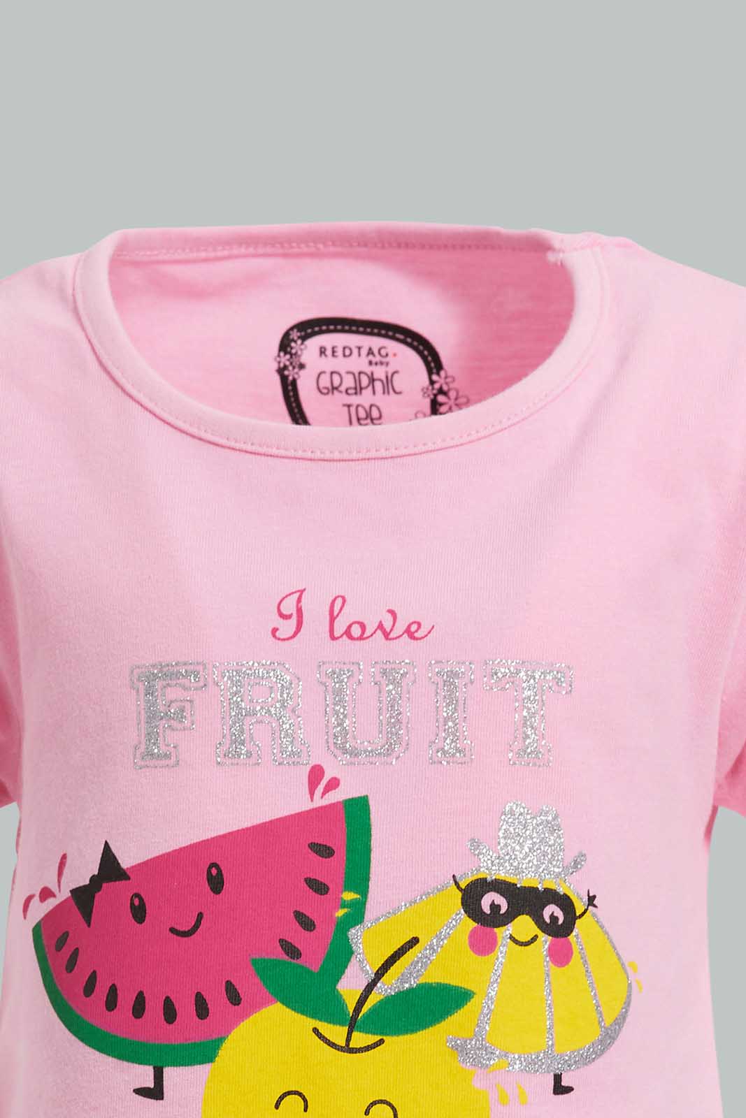 Redtag-Pink-Fruity-Salad-Placement-Print-T-Shirt-Graphic-T-Shirts-Infant-Girls-3 to 24 Months