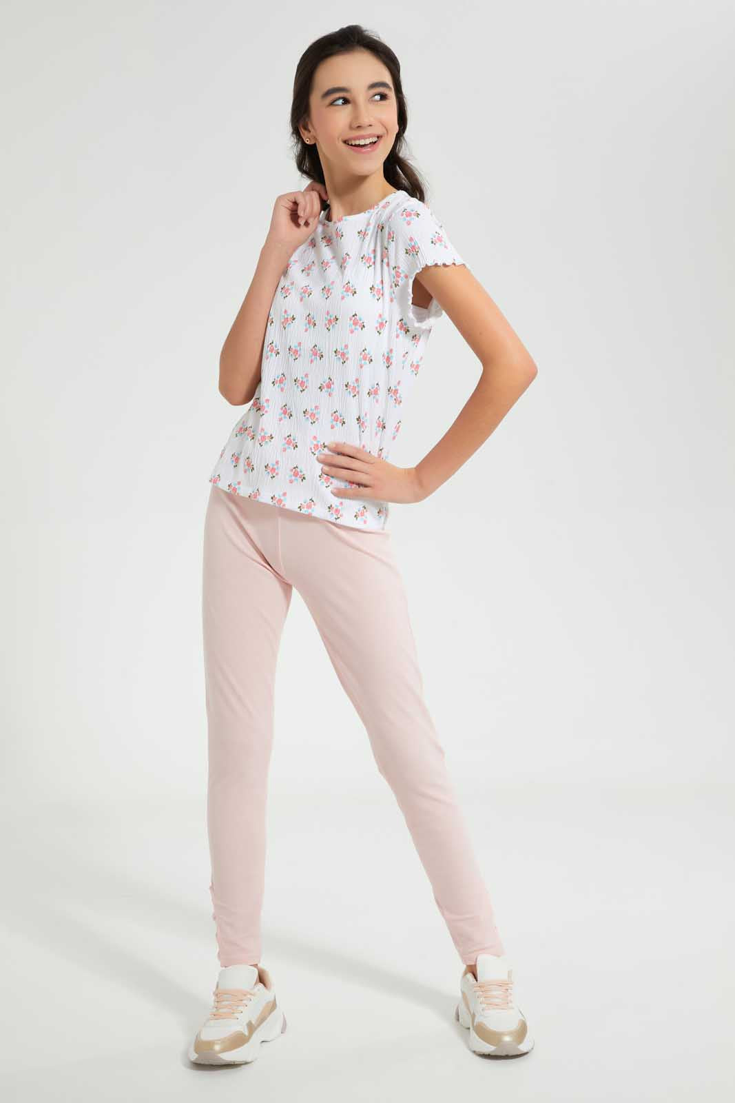 Redtag-White-Floral-Jacquard-Top-All-Over-Prints-Senior-Girls-9 to 14 Years