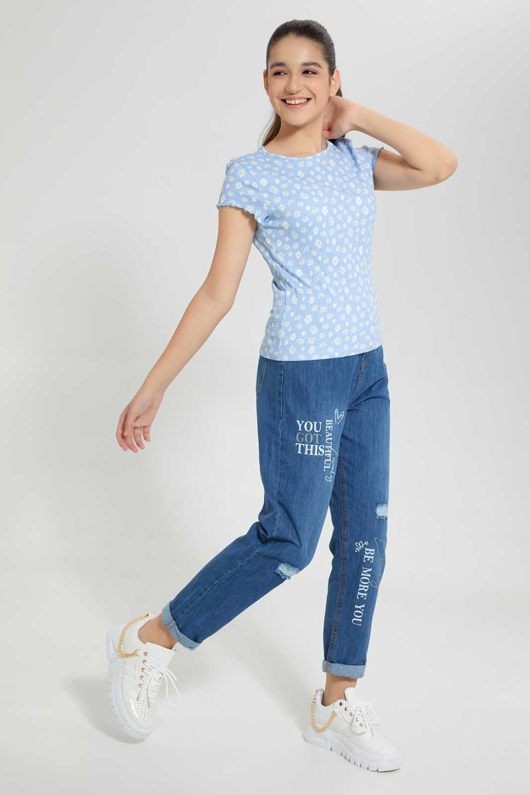 Redtag-Blue/Yellow-Floral-Jacquard-Top-Graphic-T-Shirts-Senior-Girls-9 to 14 Years