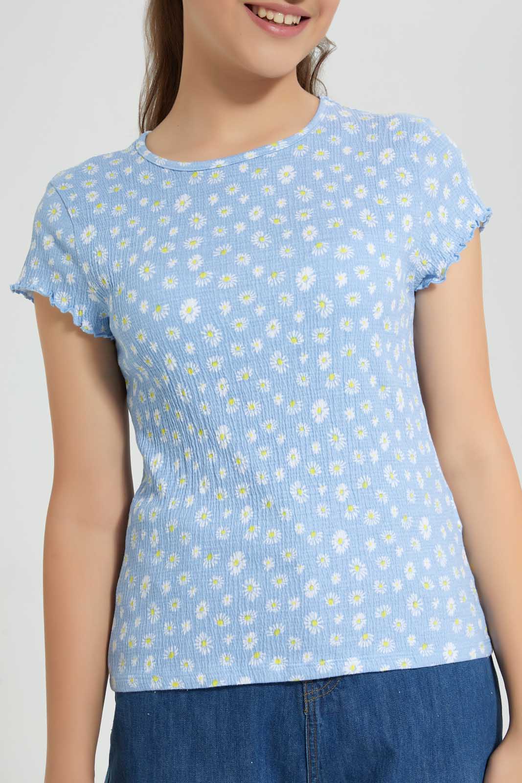 Redtag-Blue/Yellow-Floral-Jacquard-Top-Graphic-T-Shirts-Senior-Girls-9 to 14 Years