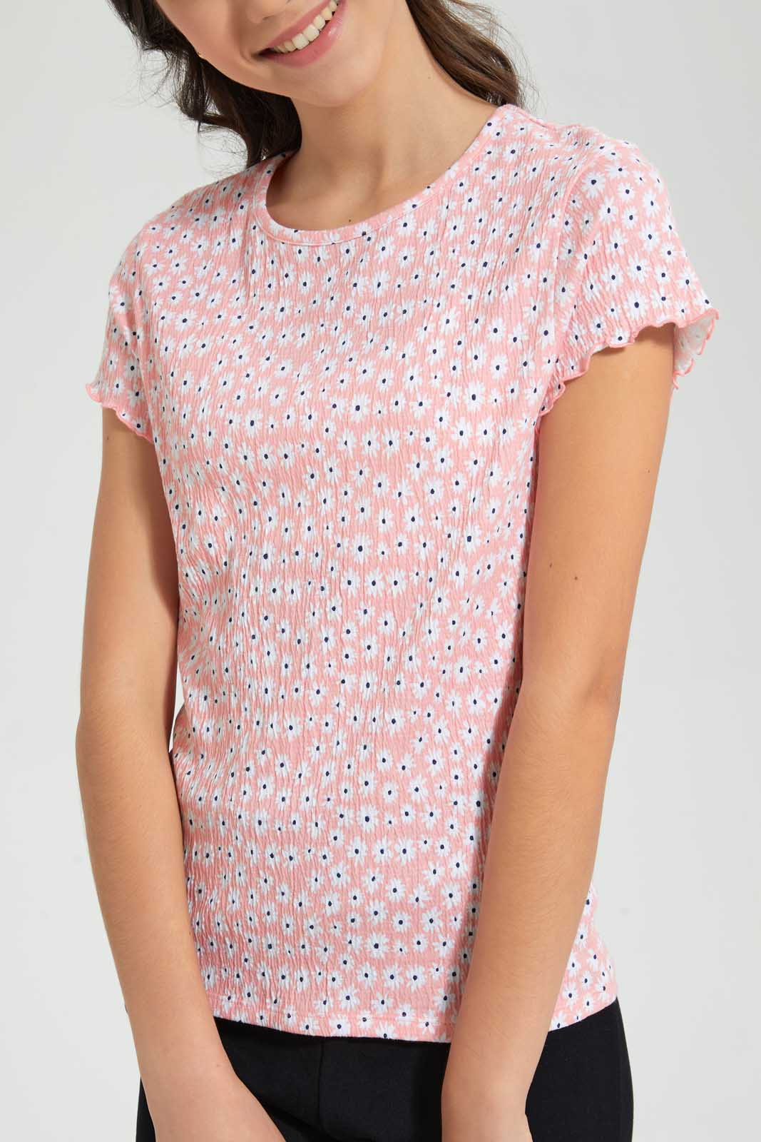 Redtag-Pink-Ditsy-Jacquard-Top-All-Over-Prints-Senior-Girls-9 to 14 Years