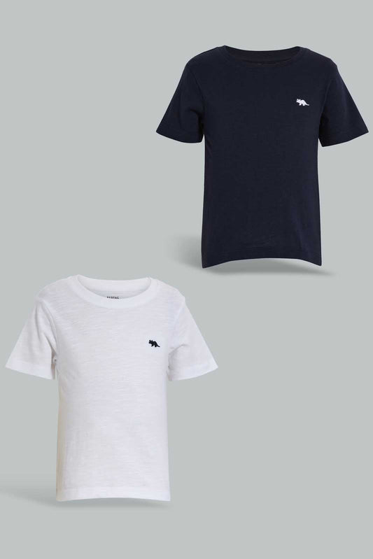 Redtag-Navy-And-White-Slub-T-Shirt-(2-Pack)-Plain-Infant-Boys-3 to 24 Months