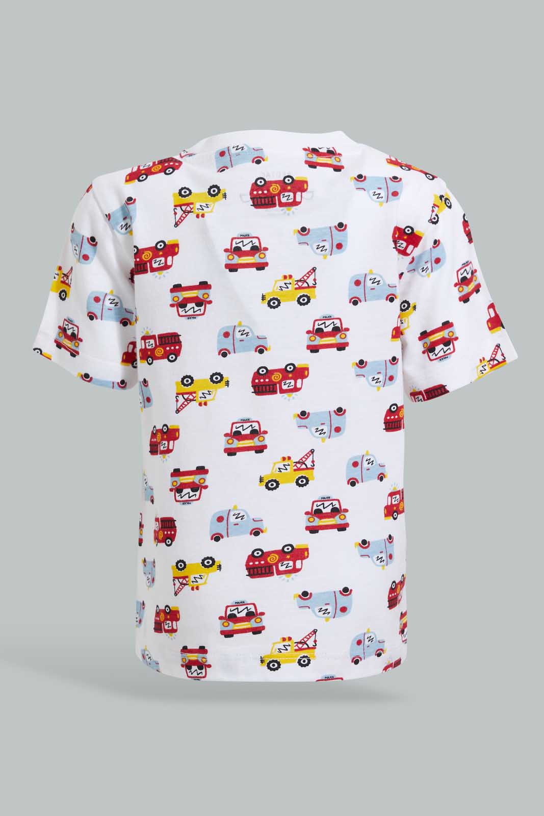 Redtag-White-Car-Printed-Ss-T-Shirt-All-Over-Prints-Infant-Boys-3 to 24 Months