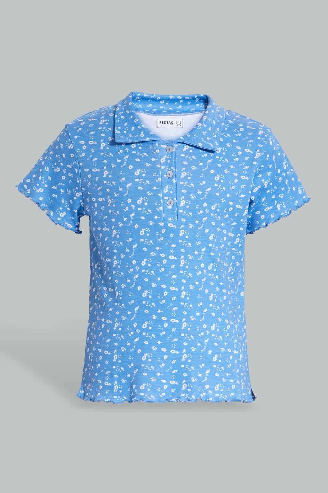 Redtag-Blue/White-Disty-Print-Collared-Top-Category:T-Shirts,-Colour:Assorted,-Filter:Senior-Girls-(9-to-14-Yrs),-GSR-T-Shirts,-New-In,-New-In-GSR,-Non-Sale,-S22D,-Section:Kidswear,-TBL-Senior-Girls-