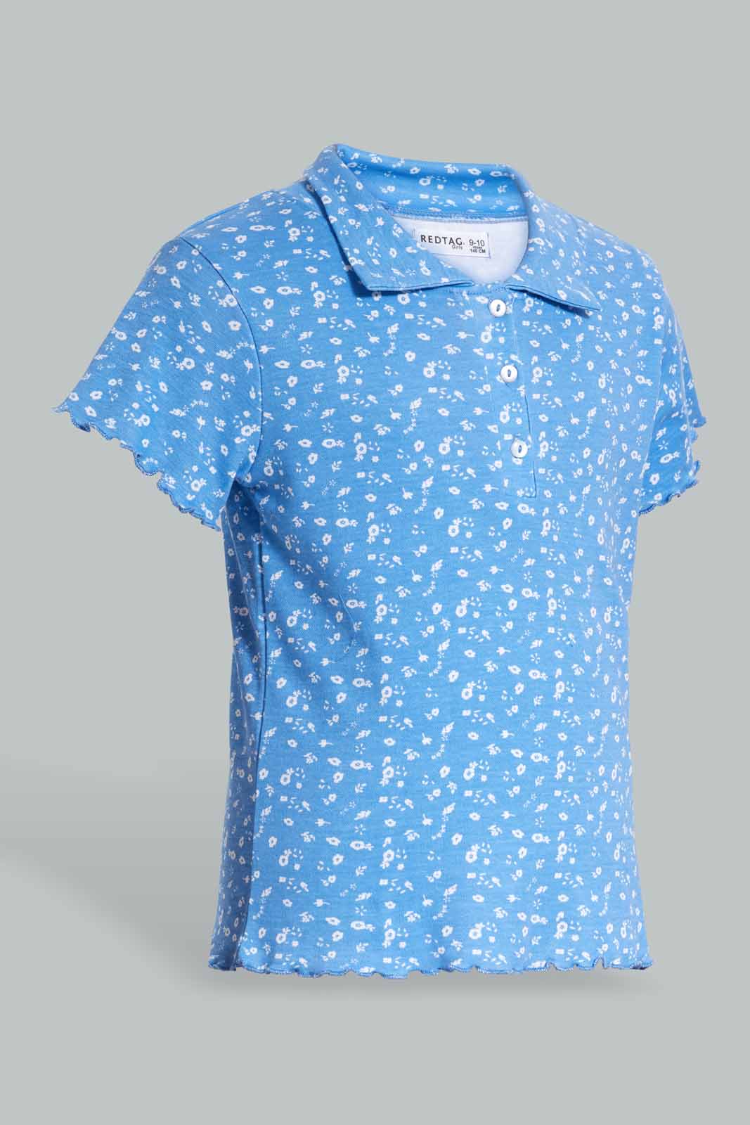 Redtag-Blue/White-Disty-Print-Collared-Top-Category:T-Shirts,-Colour:Assorted,-Filter:Senior-Girls-(9-to-14-Yrs),-GSR-T-Shirts,-New-In,-New-In-GSR,-Non-Sale,-S22D,-Section:Kidswear,-TBL-Senior-Girls-