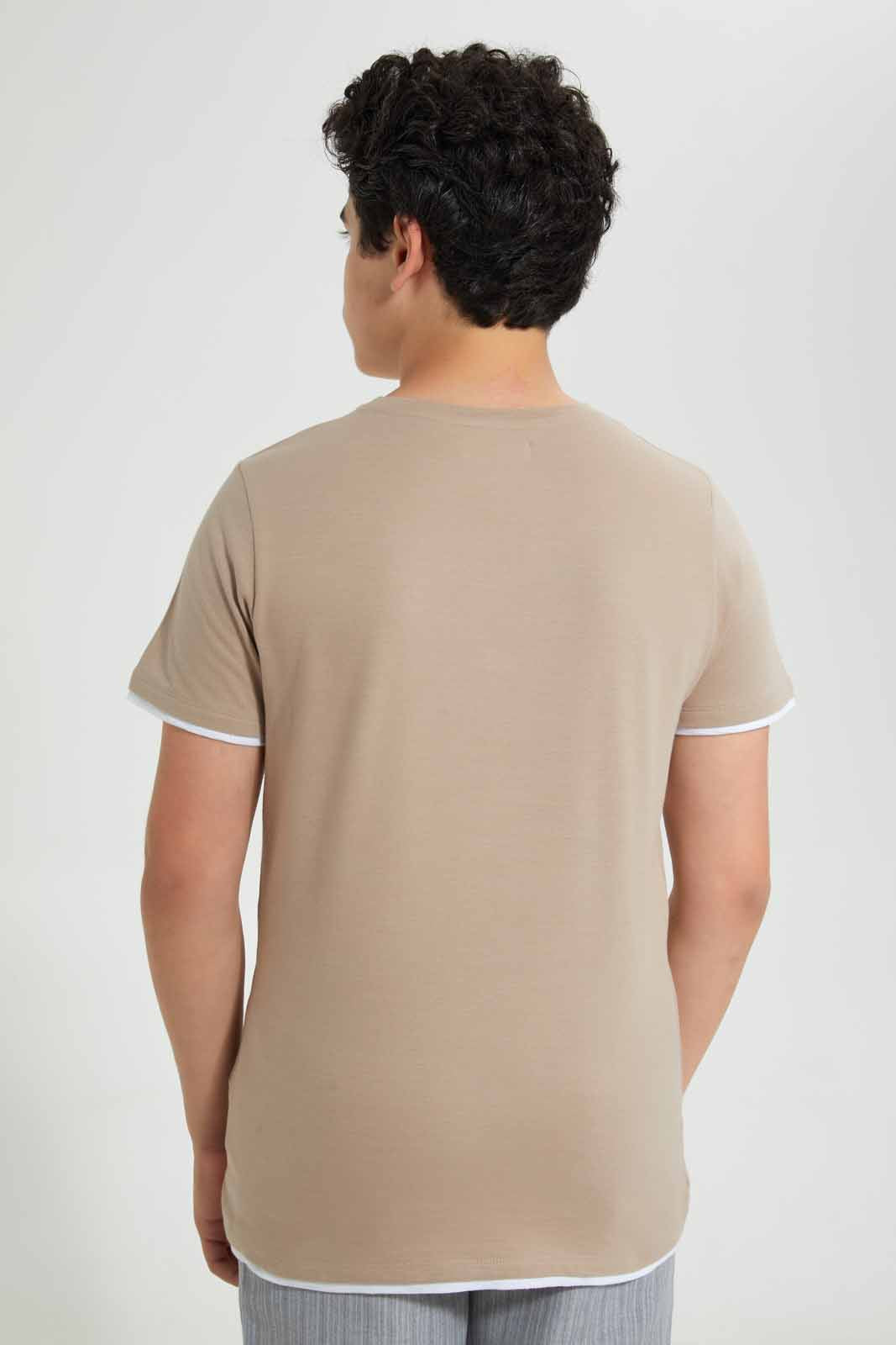Redtag-Beige-Plain-Jacquard-T-Shirt-Plain-T-Shirts-Senior-Boys-9 to 14 Years