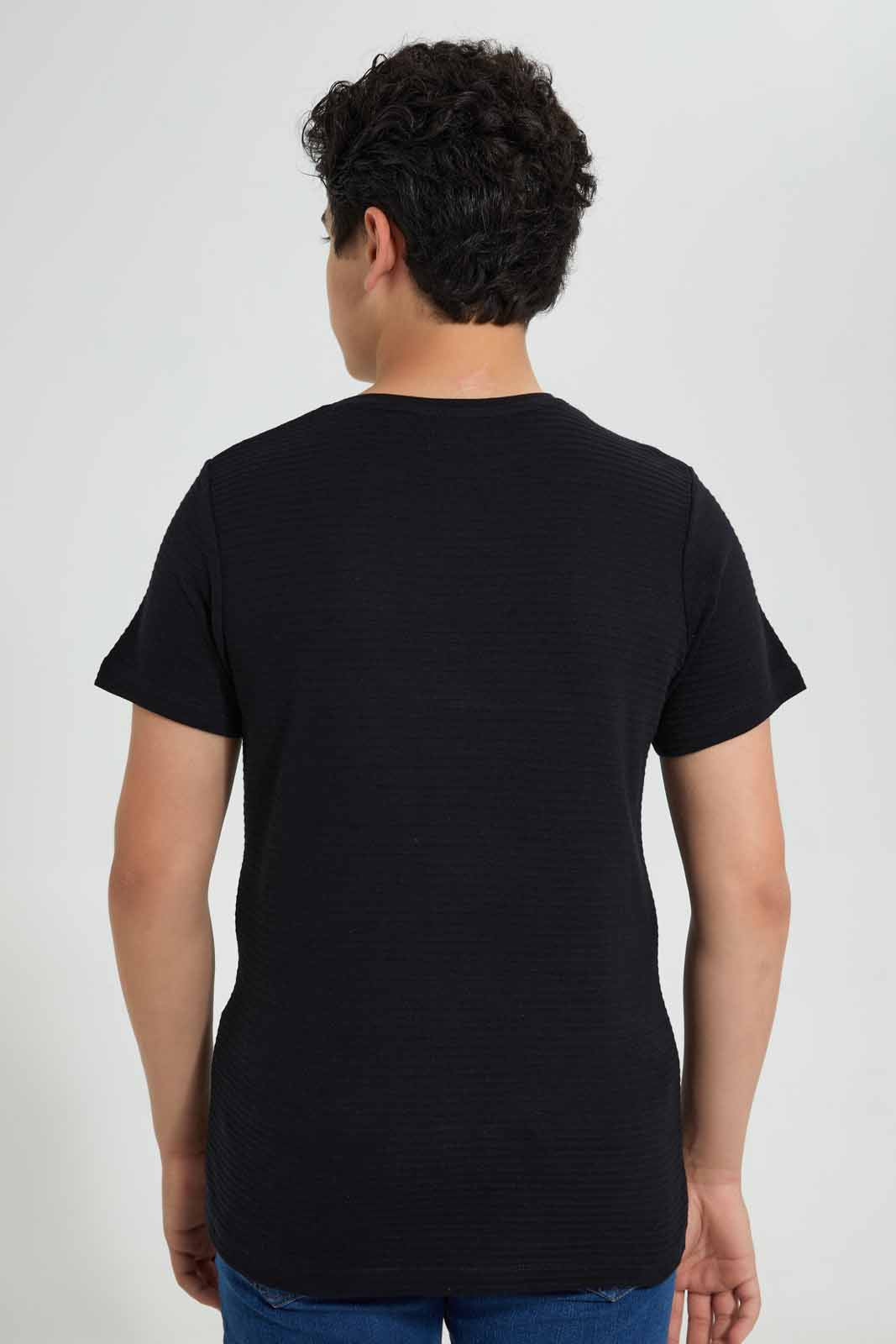 Redtag-Black-Plain-Jacquard-T-Shirt-Plain-T-Shirts-Senior-Boys-9 to 14 Years