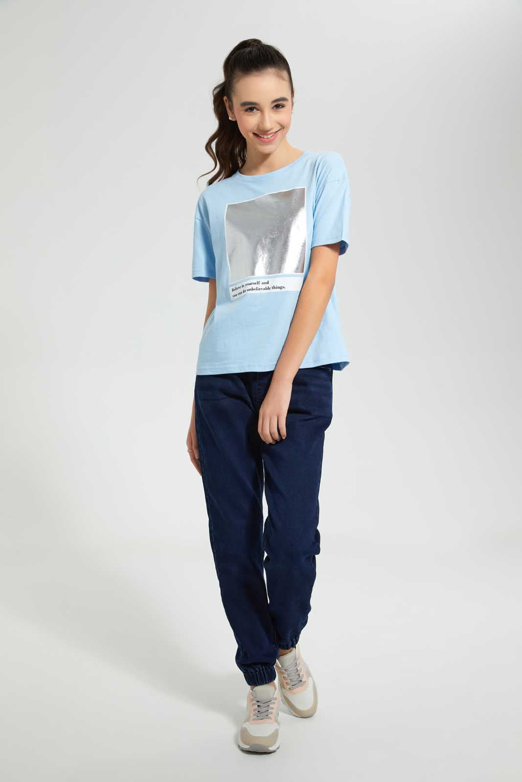 Redtag-Lt-Blue-Drop-Shoulder-Foil-Print-Top-Graphic-Prints-Senior-Girls-9 to 14 Years