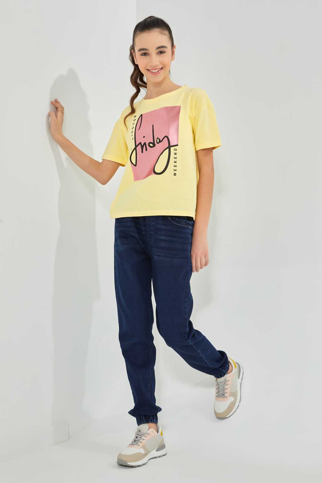 Redtag-Yellow-Drop-Shoulder-Foil-Print-Top-Graphic-Prints-Senior-Girls-9 to 14 Years