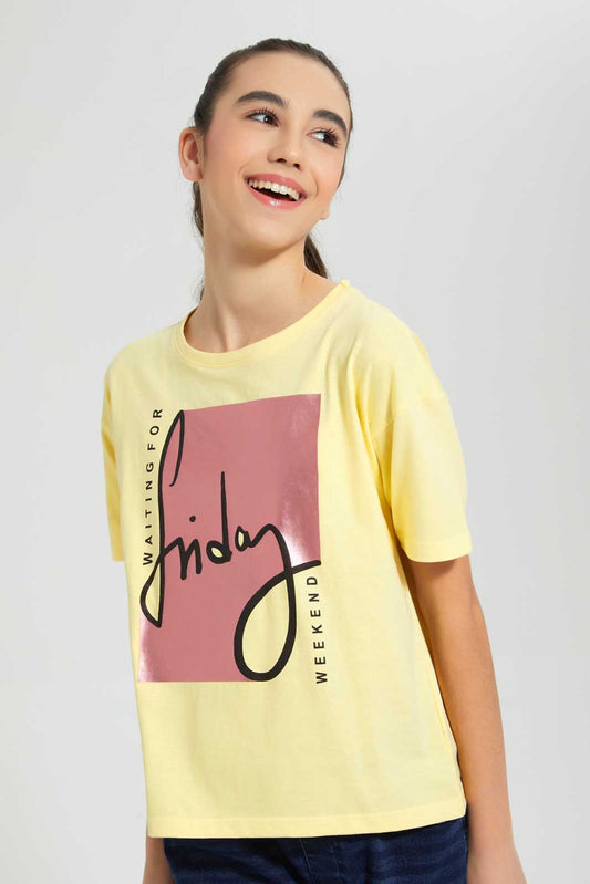 Redtag-Yellow-Drop-Shoulder-Foil-Print-Top-Graphic-Prints-Senior-Girls-9 to 14 Years