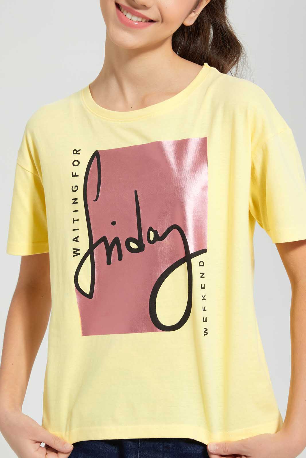 Redtag-Yellow-Drop-Shoulder-Foil-Print-Top-Graphic-Prints-Senior-Girls-9 to 14 Years