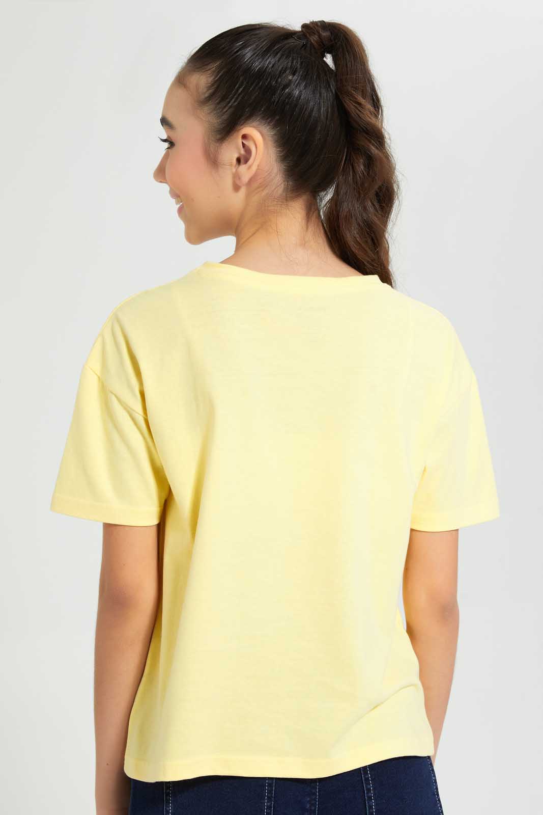 Redtag-Yellow-Drop-Shoulder-Foil-Print-Top-Graphic-Prints-Senior-Girls-9 to 14 Years