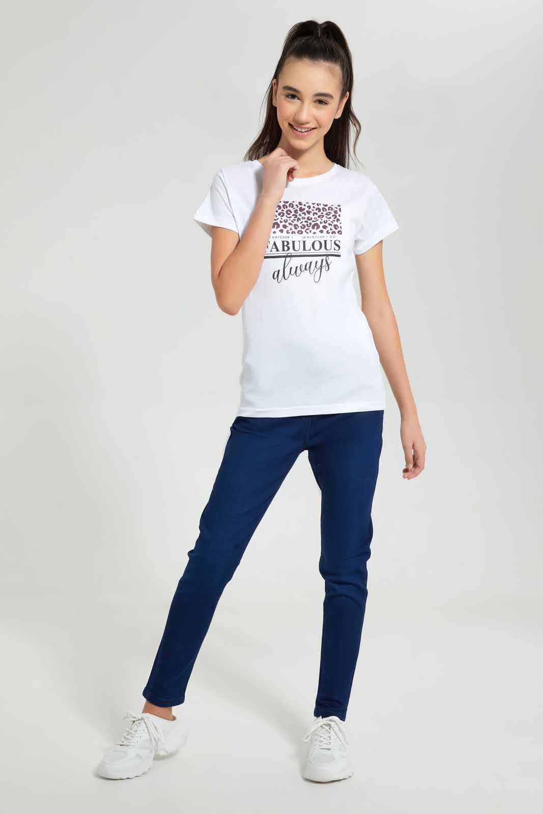 Redtag-White-Basic-T-Shirt-Graphic-T-Shirts-Senior-Girls-9 to 14 Years