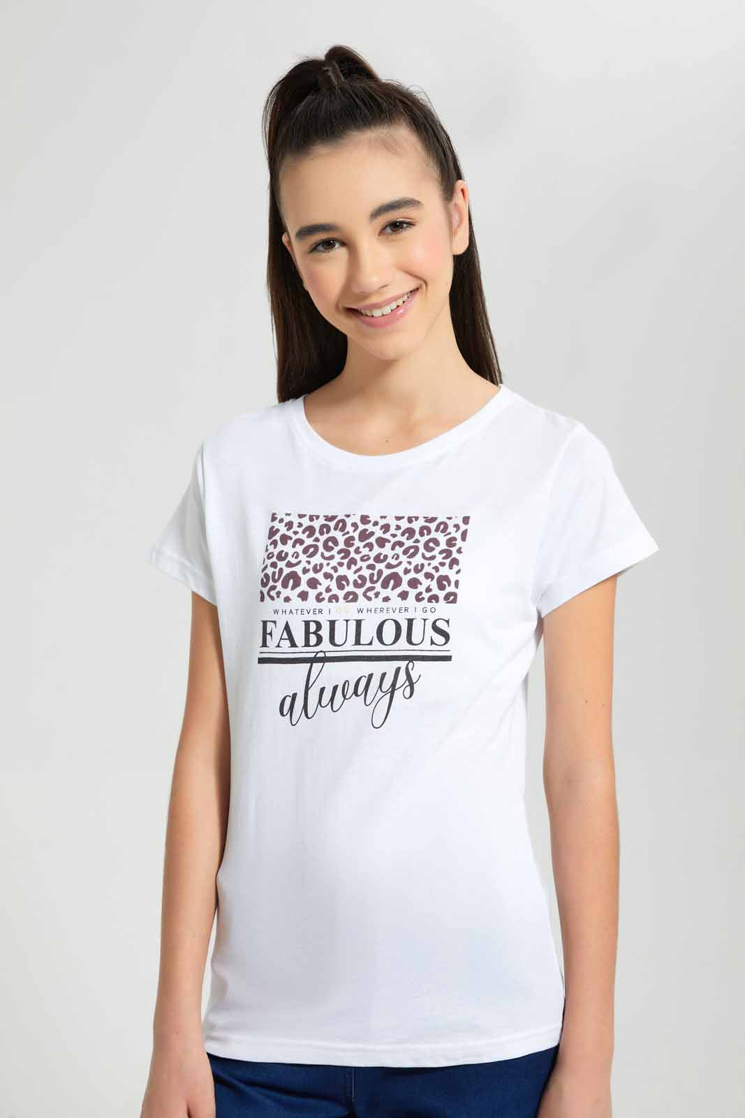 Redtag-White-Basic-T-Shirt-Graphic-T-Shirts-Senior-Girls-9 to 14 Years
