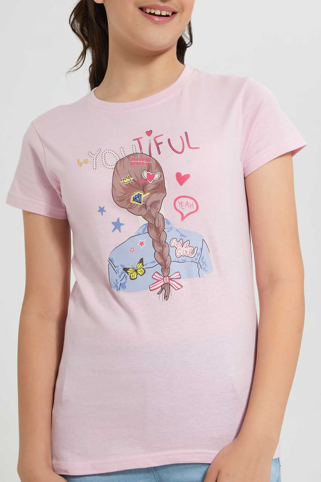 Redtag-Pink-Basic-T-Shirt-Graphic-T-Shirts-Senior-Girls-9 to 14 Years