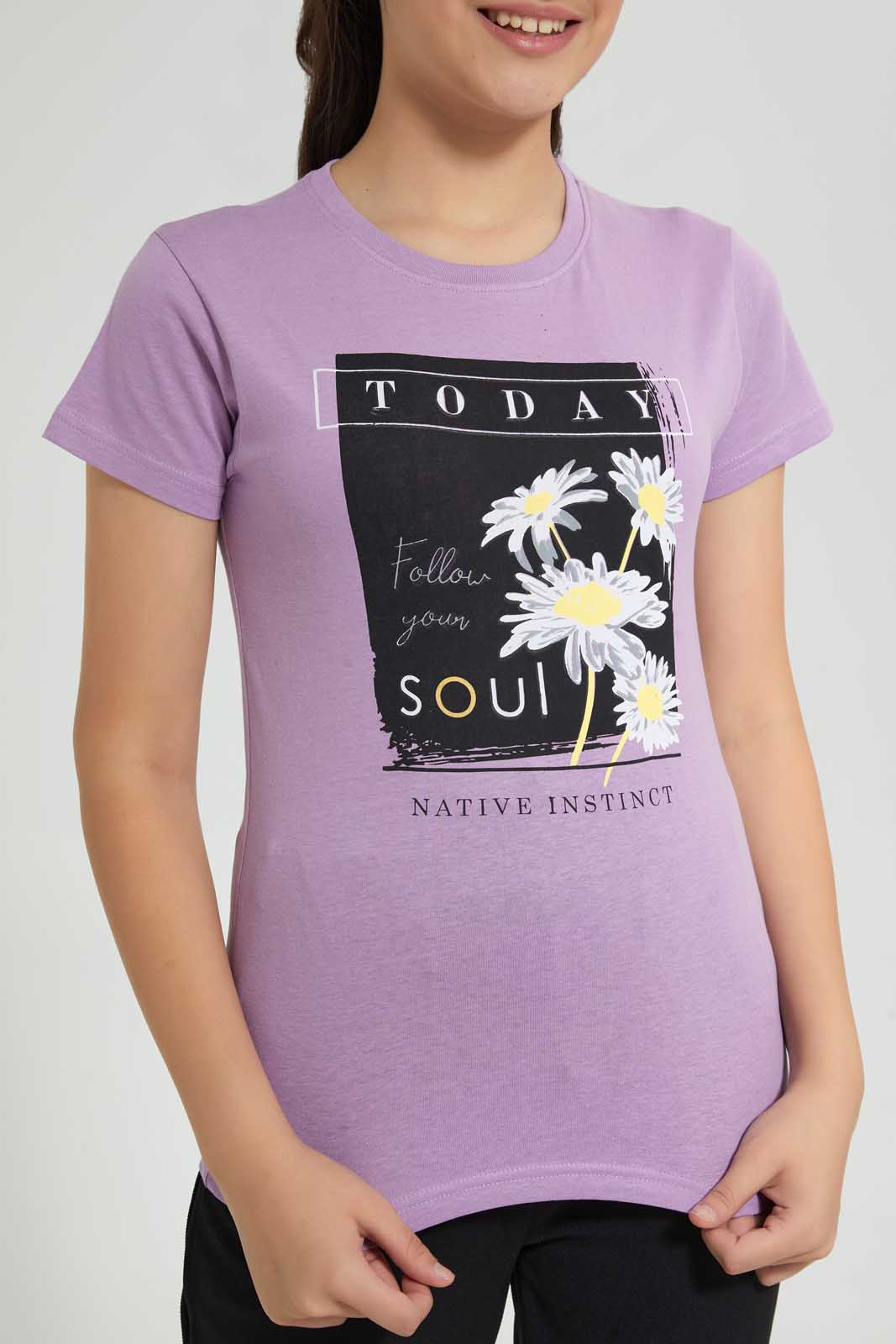 Redtag-Purple-Basic-T-Shirt-Graphic-T-Shirts-Senior-Girls-9 to 14 Years