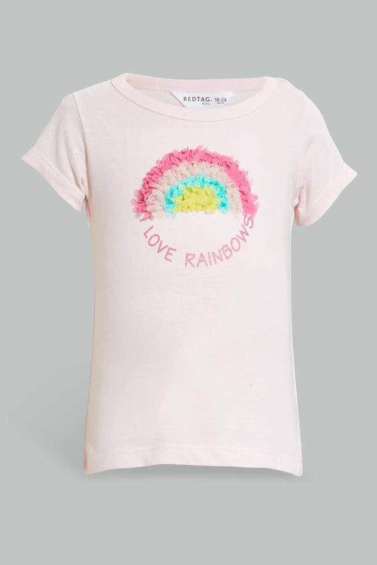 Redtag-Pink-Rainbow-Artwork-T-Shirt-Embellished-T-Shirts-Infant-Girls-3 to 24 Months