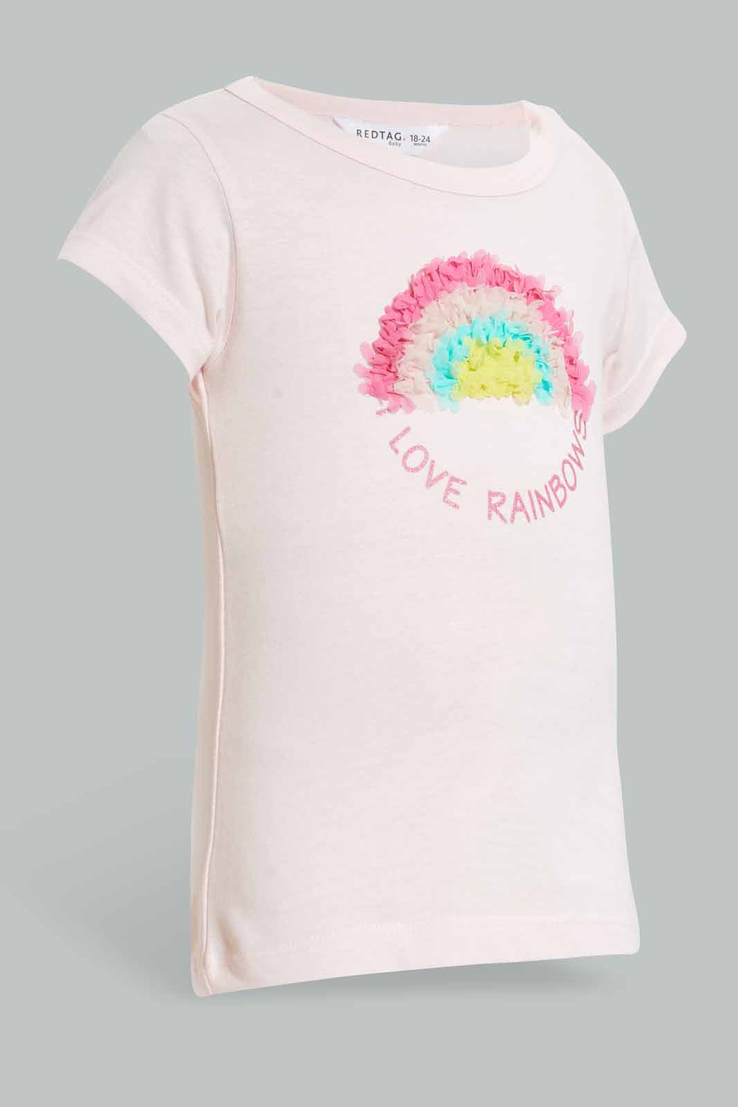 Redtag-Pink-Rainbow-Artwork-T-Shirt-Embellished-T-Shirts-Infant-Girls-3 to 24 Months