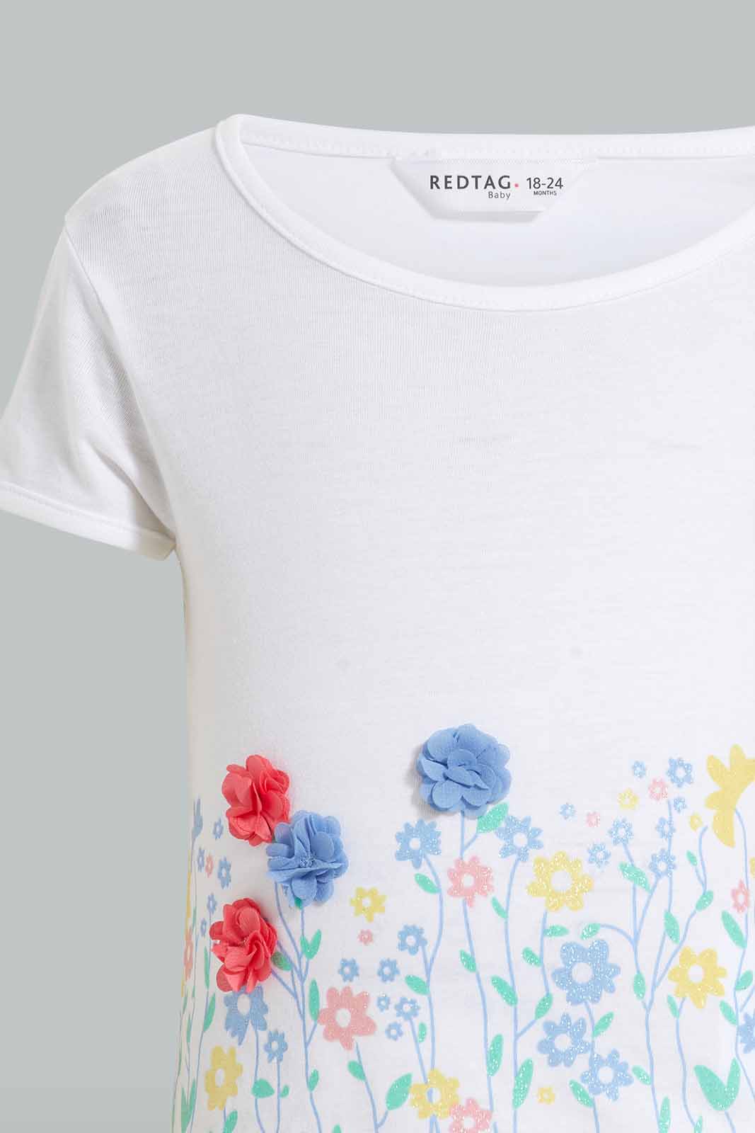 Redtag-White-Floral-Artwork-T-Shirt-Embellished-T-Shirts-Infant-Girls-3 to 24 Months