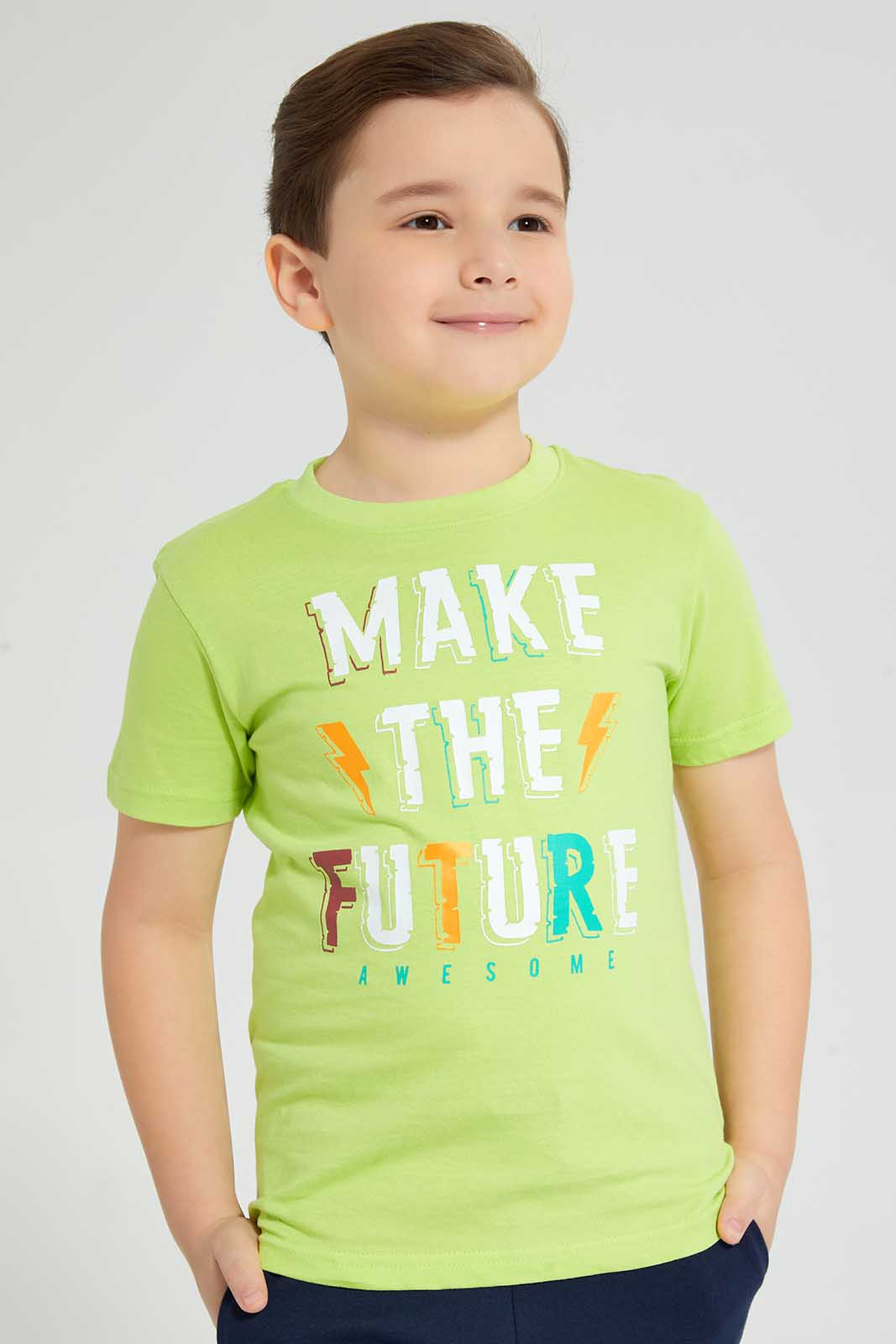 Redtag-Green-Future-Print-T-Shirt-And-Short-Set-Sets-Boys-2 to 8 Years
