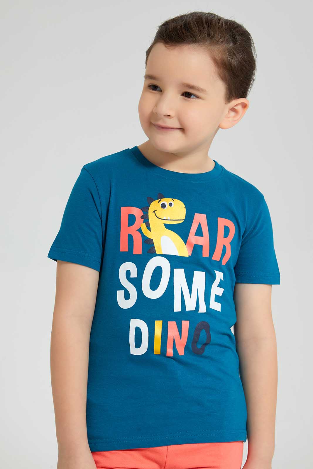 Redtag-Navy-Roarsome-Print-T-Shirt-And-Short-Set-Sets-Boys-2 to 8 Years